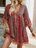 Trim Printed V-Neck 3/4 Sleeve Dress DJPT