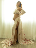 Two Piece Boho Flower Printing Off Shoulder Chiffon Crop Bandeau Photoshoot Maternity Maxi Dress Maternity