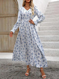 Printed V-Neck Flounce Sleeve Dress DJPT