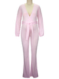 Solid Color Sashes High Waist V-Neck Long Sleeve Baby Shower Plus Size Maternity Jumpsuit Maternity