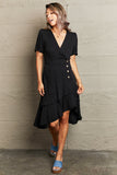 Decorative Button Surplice Ruffle Hem Dress DJPT