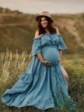 Boho Solid Color Off Shoulder Backless Linen Cotton Ruffle 2-in-1 Crop Cap Sleeve Side Slit Photoshoot Maternity Maxi Dress Maternity