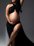 Black Cut Out Crop Thigh High Side Slits Ruched Knot Halter Neck Fashion Photoshoot Maternity Maxi Dress Maternity