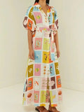 Print Tie Waist Maxi Shirt Dress DJPT