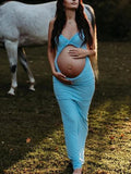 Blue Ruffle Falbala Bow Cut Out Sleeveless Cami Bodycon Maternity Maxi Dress Maternity