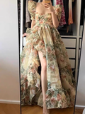 Princess Square Neckline Floral Green Long Ruffles Prom Dresses Birthday Dress SD578