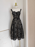 A Line Spaghetti Straps Tulle Lace Black Women's Holiday Dresses SD222 HZ0628