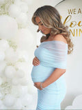 Light Blue Mesh Off Shoulder Ruched Mermaid Elegant Maternity Baby Shower Maxi Dress Maternity