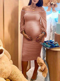 Mesh Ruched Off Shoulder Lantern Sleeve Square Neck Bodycon Elegant Party Maternity Photoshoot Baby Shower Midi Dress Maternity