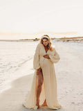 Ivory White Single Breasted Open Front Big Swing Deep V-neck Robe Elegant Wedding Gown Maternity Boho Photoshoot Baby Shower Maxi Dress Maternity