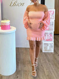Pink Off Shoulder Cascading Ruffle Lantern Sleeve Bodycon Cute Babyshower Maternity Mini Dress Maternity