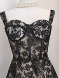 A Line Spaghetti Straps Tulle Lace Black Women's Holiday Dresses SD222 HZ0628