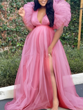 Pink Tulle Ruffle Swing V-neck Slit Photoshoot Plus Size Gown Maternity Maxi Dress Maternity