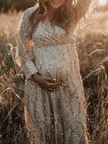 Apricot Sequin Tassel Tulle Ruched Cross Chest Multi Way Tie Back V-neck Elegant Boho Photoshoot Maternity Maxi Dress Maternity