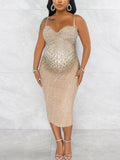 Apricot Bodycon Spaghetti Strap V-Neck Belly Friendly Rhinestone Photoshoot Maternity Midi Dress Maternity