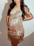 Champagne Sequin Tassel Tie Back Cami Backless V-neck Club Fashion Gatsby Maternity Photoshoot Baby Shower Party Mini Dress Maternity