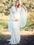 White Lace Trumpet V-Neck Flare Sleeve Bodycon Prom Wedding Gown Photoshoot Maternity Maxi Dress Maternity