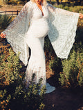 White Lace Trumpet V-Neck Flare Sleeve Bodycon Prom Wedding Gown Photoshoot Maternity Maxi Dress Maternity