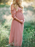 Pink Boho Flowy Bump Friendly Off Shoulder Photoshoots Maxi Dress Maternity