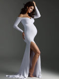 White Off Shoulder Side Slit Mermaid Bodycon Photoshoot Maternity Maxi Dress Maternity