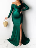 Green Off Shoulder Long Sleeve High Split Bodycon Solid Baby Shower Evening Gown Maternity Maxi Dress Maternity