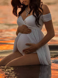 White Tulle Off Shoulder V-Neck Cap Sleeve Bodysuit Flowy Plus Size Photoshoot Maternity Maxi Dress Maternity