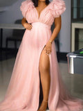 Pink Boho Elegant Ruffle Photoshoot Maternity Dress Maternity