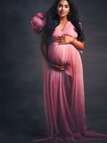 Tulle Ruffle V-neck Slit Plus Size Photoshoot Baby Shower Maternity Maxi Dress Maternity