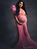 Tulle Ruffle V-neck Slit Plus Size Photoshoot Baby Shower Maternity Maxi Dress Maternity