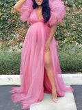 Pink Tulle Ruffle Swing V-neck Slit Photoshoot Plus Size Gown Maternity Maxi Dress Maternity