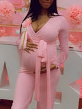 Solid Color Sashes High Waist V-Neck Long Sleeve Baby Shower Plus Size Maternity Jumpsuit Maternity