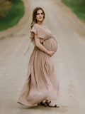 Khaki Bohemian Drawstring Single Breasted Maternity Photoshoot Baby Shower Maxi Dress Maternity
