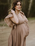 Khaki Bohemian Drawstring Single Breasted Maternity Photoshoot Baby Shower Maxi Dress Maternity