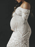 White Lace Sequin Off Shoulder Mermaid Bodycon Wedding Gown Baby Shower Elegant Foamal Maternity Photoshoot Maxi Dress Maternity