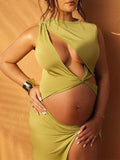 Olive Cut Out Irregular Split Ruffle Side Slit Bodycon Chic Photoshoot Maternity Maxi Dress Maternity
