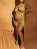 Olive Cut Out Irregular Split Ruffle Side Slit Bodycon Chic Photoshoot Maternity Maxi Dress Maternity