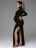 Black High Neck Side Slit Bodycon Long Sleeve Baby Shower Maternity Maxi Dress Maternity