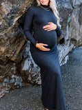 Black High Neck Side Slit Bodycon Long Sleeve Baby Shower Maternity Maxi Dress Maternity