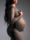 Mesh Solid Color Beading Pearl Rhinestone Long Sleeve Cover-ups Side Slit Photoshoot Maternity Maxi Dress Maternity