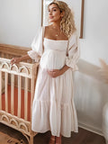 White Off Shoulder Ruffle Shirred Boat Neck Puff Sleeve Bow Bohemian Ivory Maternity Photoshoot Dress Maternity