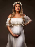 Patchwork Lace Tassel Slit Photoshoot Baby Shower Pregnant Maternity Maxi Dress Maternity
