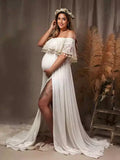 Patchwork Lace Tassel Slit Photoshoot Baby Shower Pregnant Maternity Maxi Dress Maternity