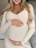 Solid Knitted Rib Fabric Off Shoulder V-neck Fall Fashion Maternity Photoshoot Maxi Dress Maternity