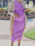 Lavender One Shoulder Ruched Shirred Bodycon Baby Shower Maternity Midi Dress Maternity
