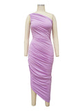Lavender One Shoulder Ruched Shirred Bodycon Baby Shower Maternity Midi Dress Maternity