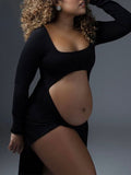 Black Ruffle Cut Out Crop Side Slit Irregular Bodycon Photoshoot Maternity Maxi Dress Maternity