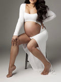 White Ruffle Cut Out Crop Side Slit Irregular Bodycon Photoshoot Maternity Maxi Dress Maternity