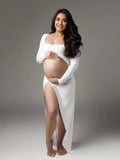 White Ruffle Cut Out Crop Side Slit Irregular Bodycon Photoshoot Maternity Maxi Dress Maternity