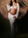 White 2 Piece Crochet Mesh Backless Flare Sleeve Bodycon Vacation Beach Photoshoot Baby Shower Maternity Maxi Dress Maternity