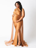 Khaki One Shoulder Cut Out Tulle Train Side Slit Plus Size Maternity Photoshoot Dresses Maternity